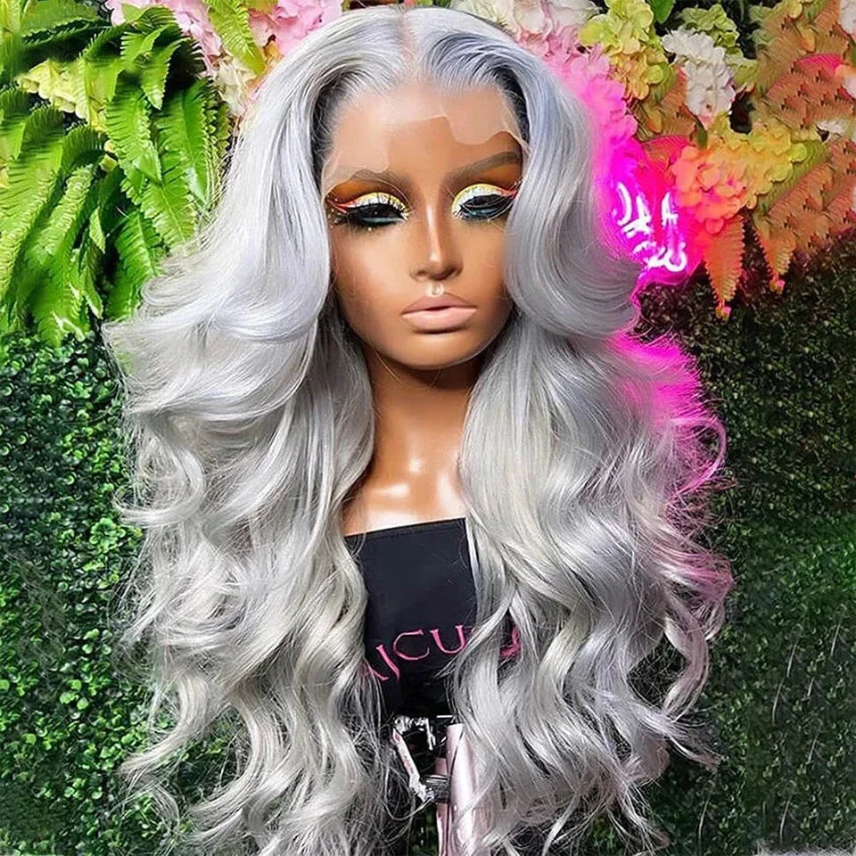 13x4 Gray Body Wave Lace Front Wig Brazilian Transparent Frontal Silver Grey