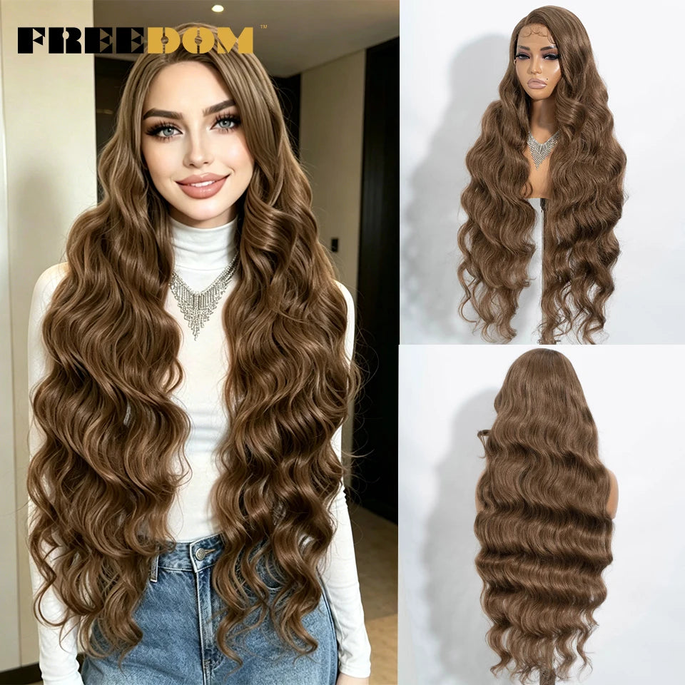 36" Long Wavy Synthetic Lace Front Wigs Ombre Brown Blonde Body Wave