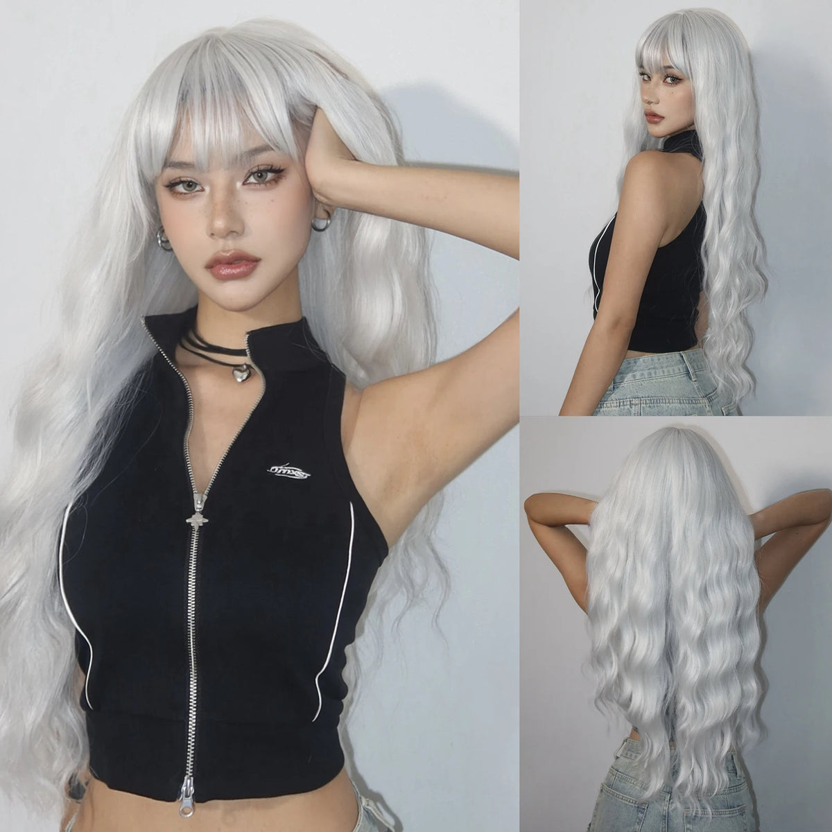 Super Long Curly Silver White Synthetic Wig Medium Part Water Wave Daily