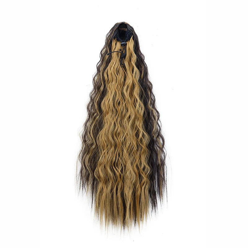 22Inch Synthetic Long Kinky Curly Ponytail Hair Extension Drawstring Wrapped Clip in Hair Black Hairpiece