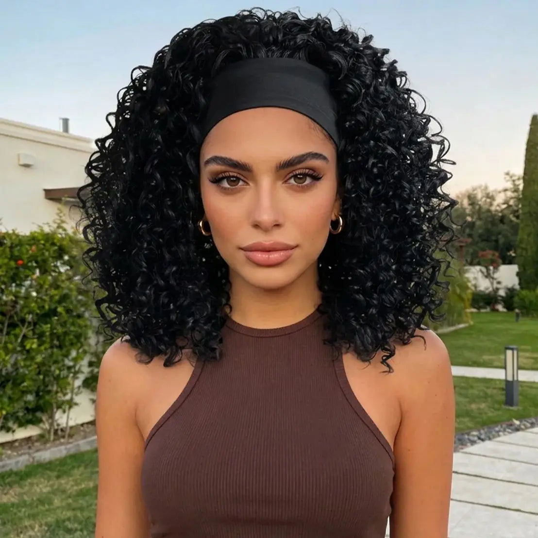 14 Inch Short Straight Headband Synthetic Natural Curly Black Wig, Suitable 's Daily Party Use with Heat-Resistan
