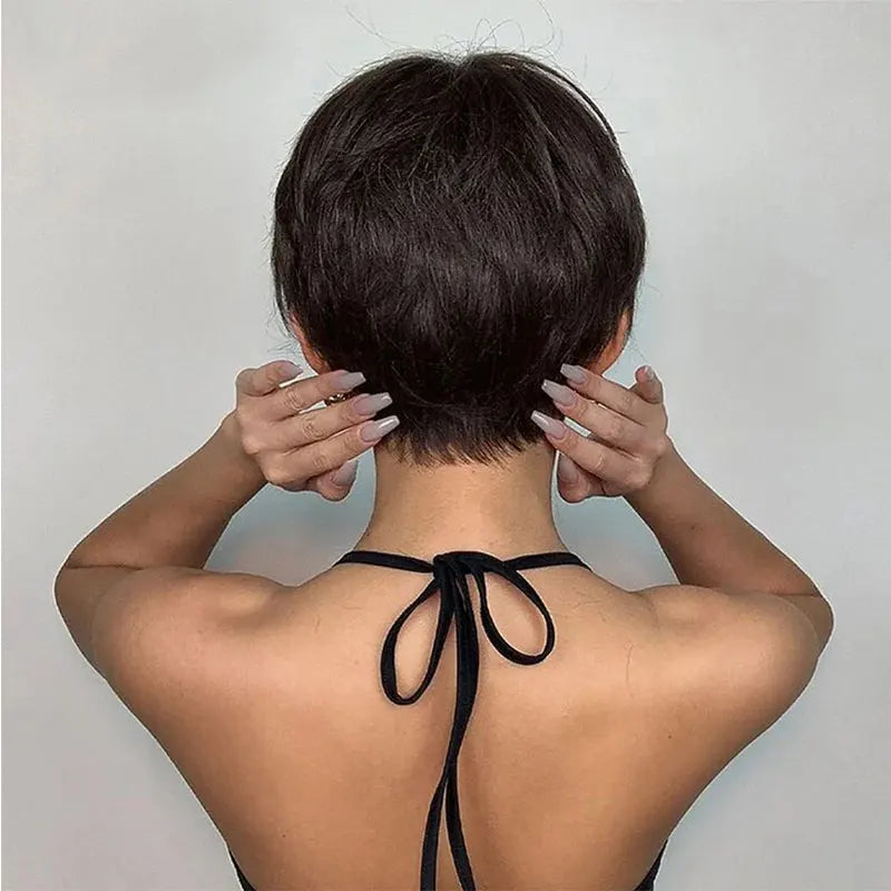 Short Brown Wig Human Hair Pixie Cut Chocolate Duby Full Machine