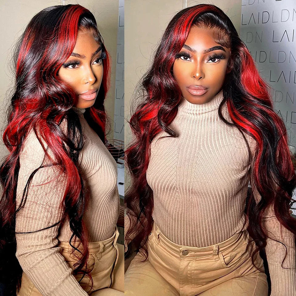 1B/99J Body Wave, 13x4 HD Lace Front Highlight Wig Synthetic Density Ombre