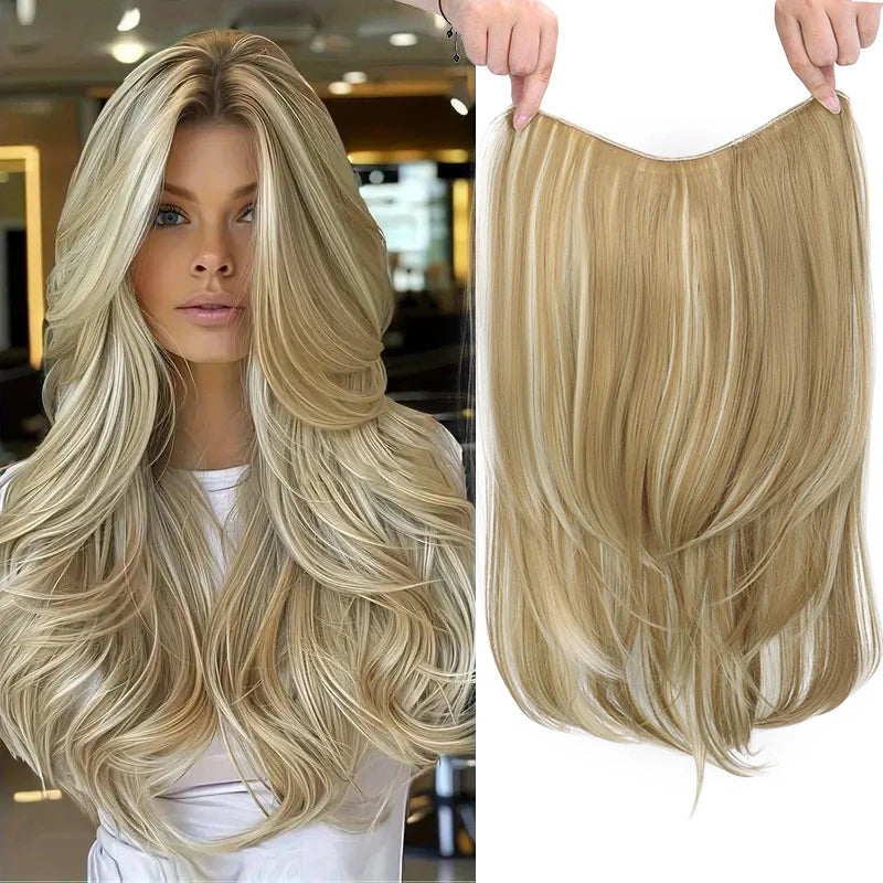 22Inch Synthetic Long Straight Layered Clip-in Hair Extension V-shaped Black Blonde Invisible Hairpiece