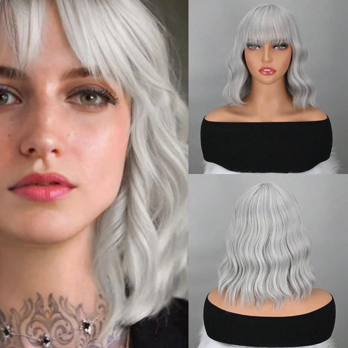 Blue Bob Wigs Bangs Short Colorful Wavy Curly Synthetic Cosplay Halloween Costume