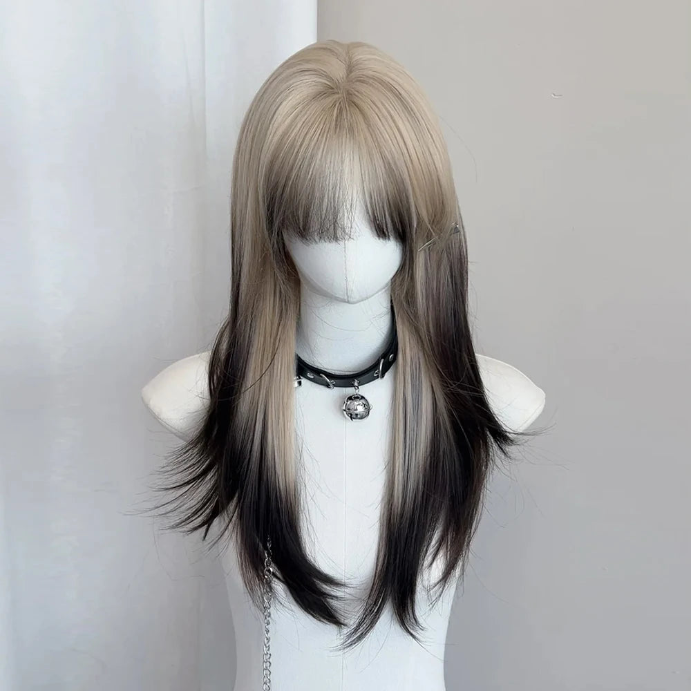 Ombre Blonde Black Synthetic Layered Wig Lolita Cosplay Daily Party Long Straight