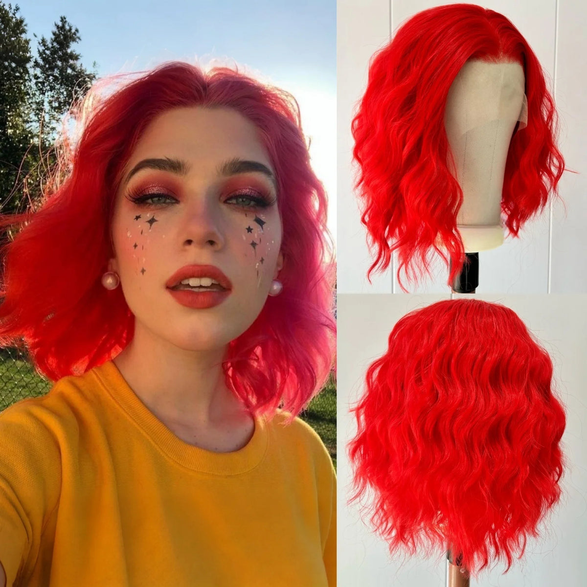 Bright Red Bob Wig Short Curly Wavy Synthetic Loose Shoulder Length Heat