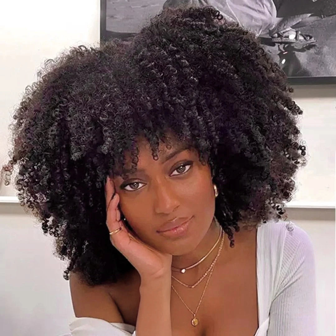 Mongolian Curly Afro Kinky Human Hair Wigs Bangs Without Glue Bouncy Density