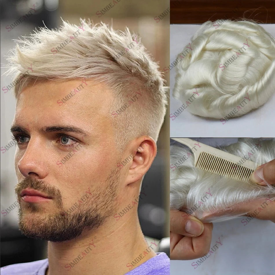 Men's Platinum Blonde 100% Human Hair V-looped PU 120-130% Density Toupee for Men 0.06-0.08mm Skin Base Hair Prosthesis System