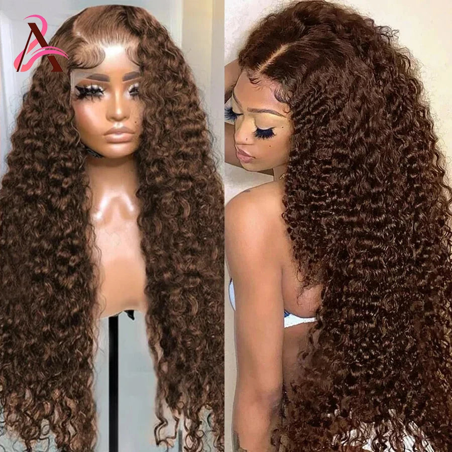 13x4 Chocolate Brown Lace Front Human Hair Wig Deep Wave Frontal Colored