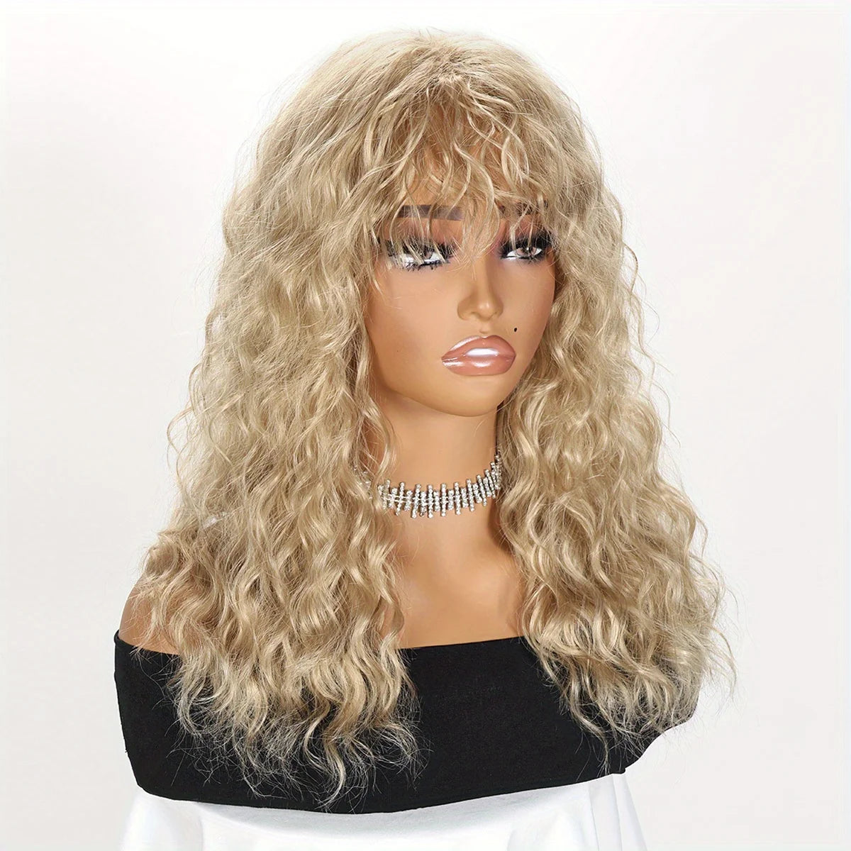 Golden Long Curly Wavy Women's Wig with Bangs, Synthetic Fiber Full Head Wig for Halloween Party