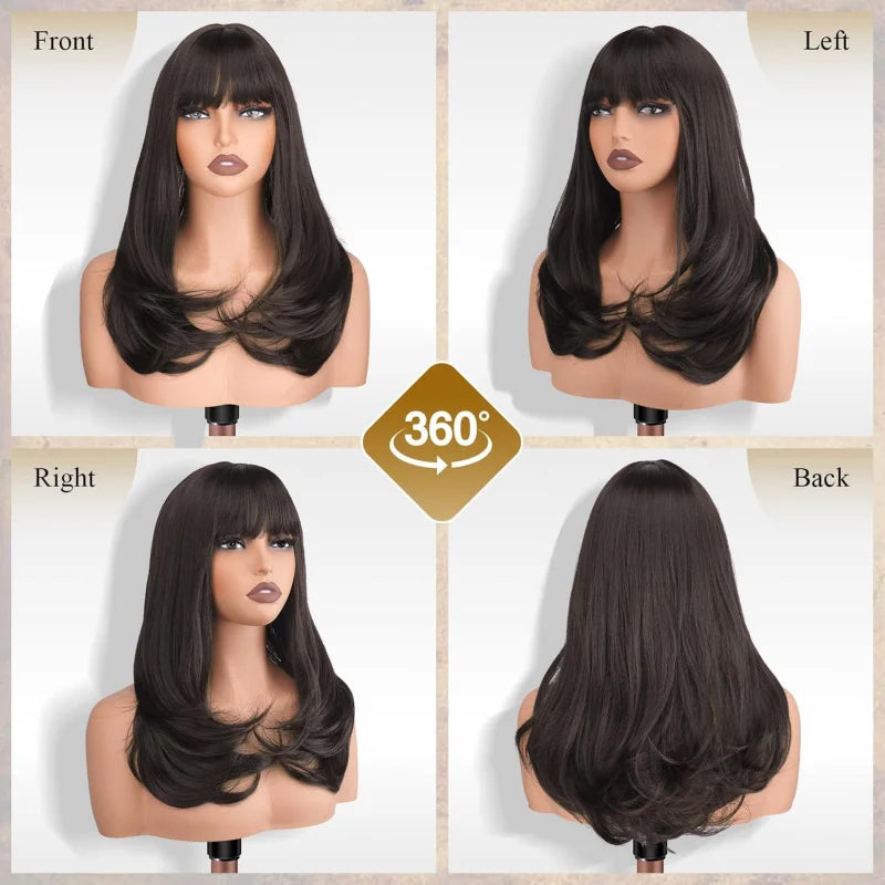 Brown Long Straight Wigs With Bangs, Synthetic Natural Looking Layered Straight Hair Wig Daily Party Use 18 Inch