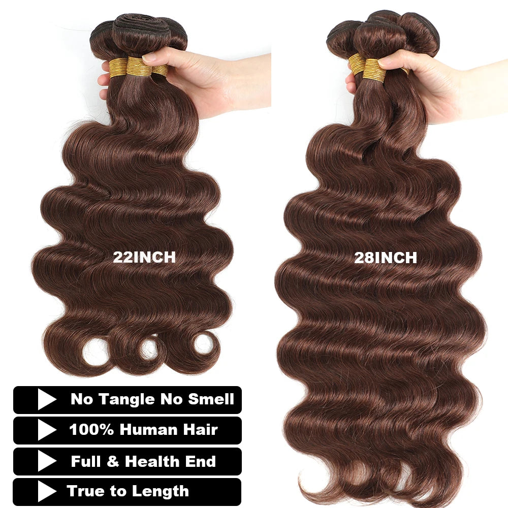 Brown Body Wave Human Hair Bundles with Lace Closure — Brazilian, Remy