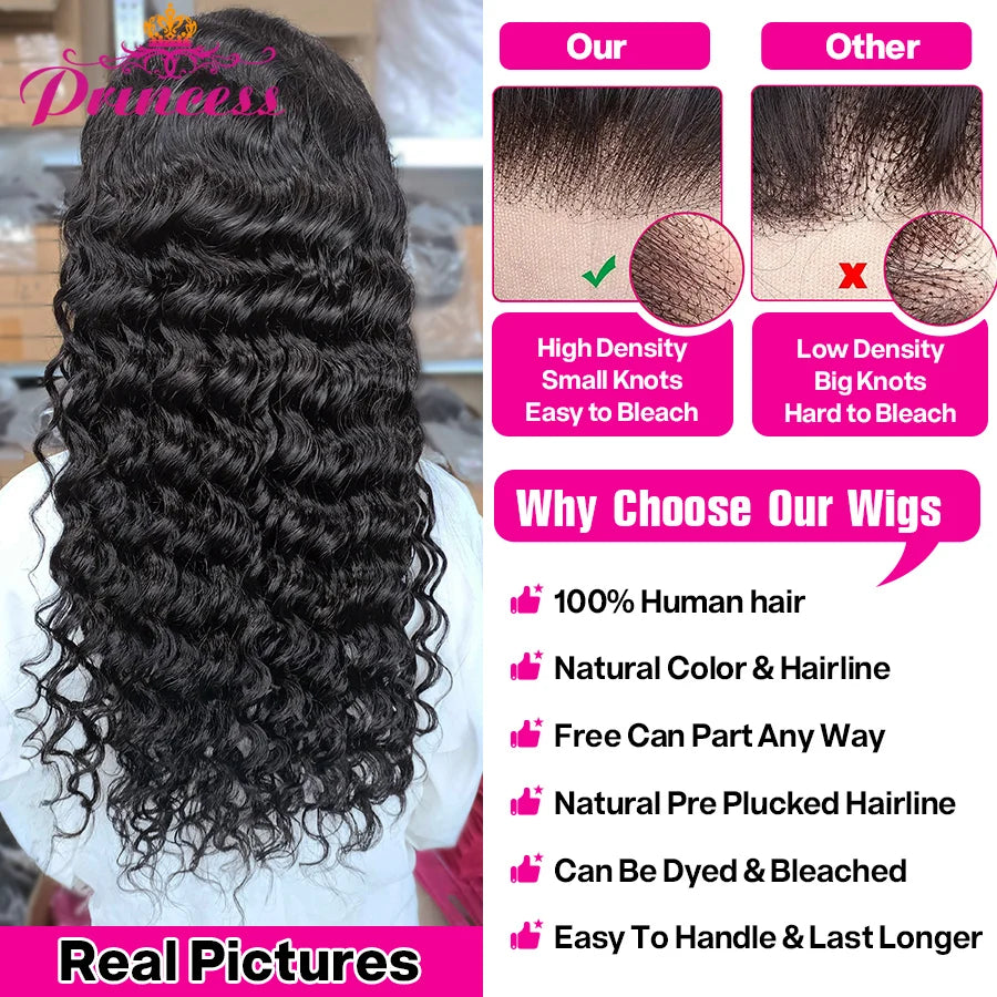 13x4/13x6 HD Transparent Lace Front Human Hair Deep Wave Wig, Pre-Plucked Brazilian, with Baby Hair
