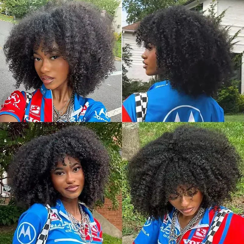 Mongolian Curly Afro Kinky Human Hair Wigs Bangs Without Glue Bouncy Density