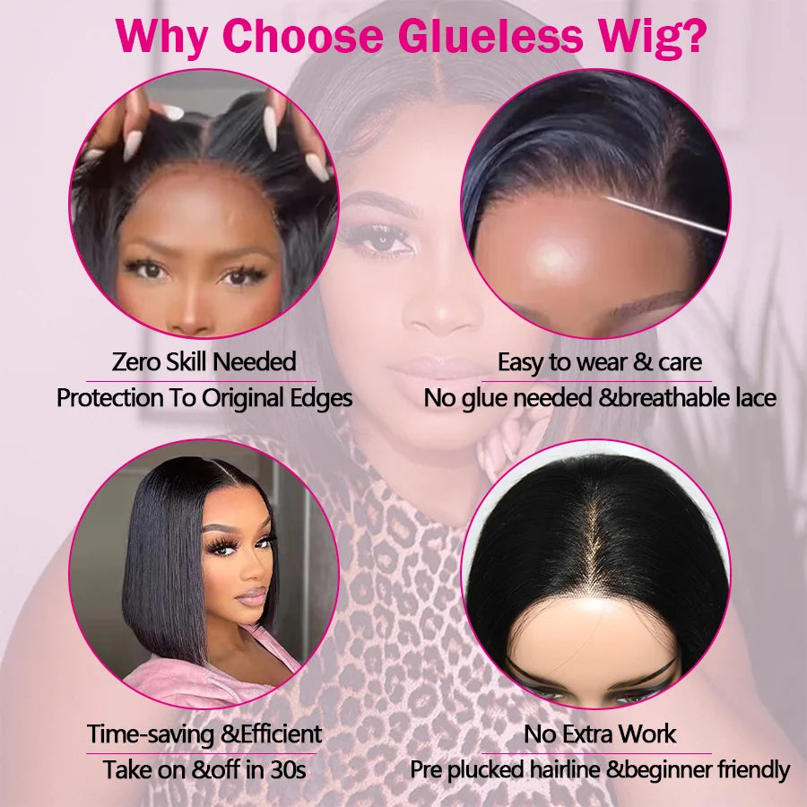 Straight Glueless Short Bob Wig Human Hair Ready To Wear Transparent Pre