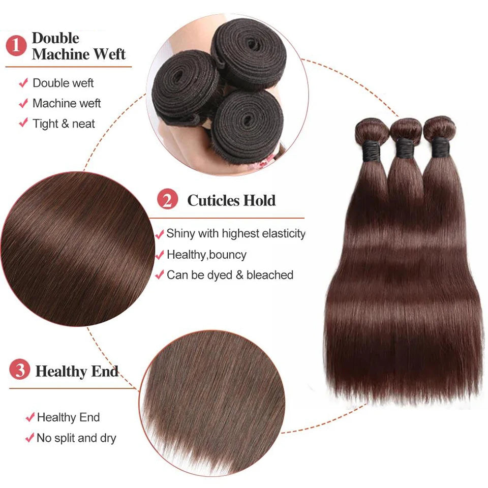 Chocolate Brown 2/3/4 Human Hair Bundles Closure Kim K, 2x6 Straight Body
