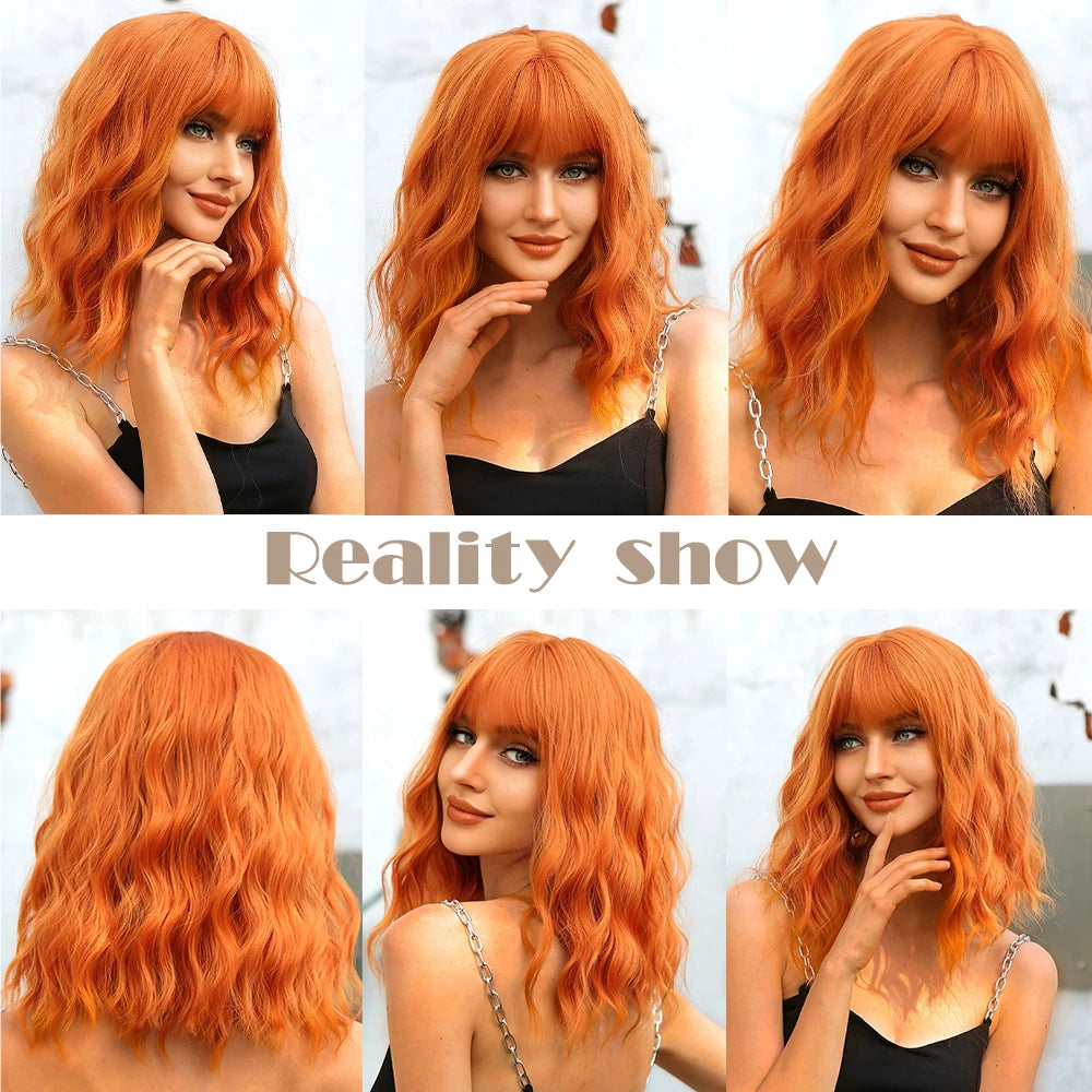 Short Copper Ginger Synthetic Natural Wavy Wigs Hair Orange Halloween Bob Bangs