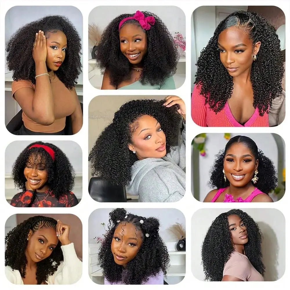 Jerry Curly Half Wig Human Hair Seamless Kinky in Machine Heandband Clip