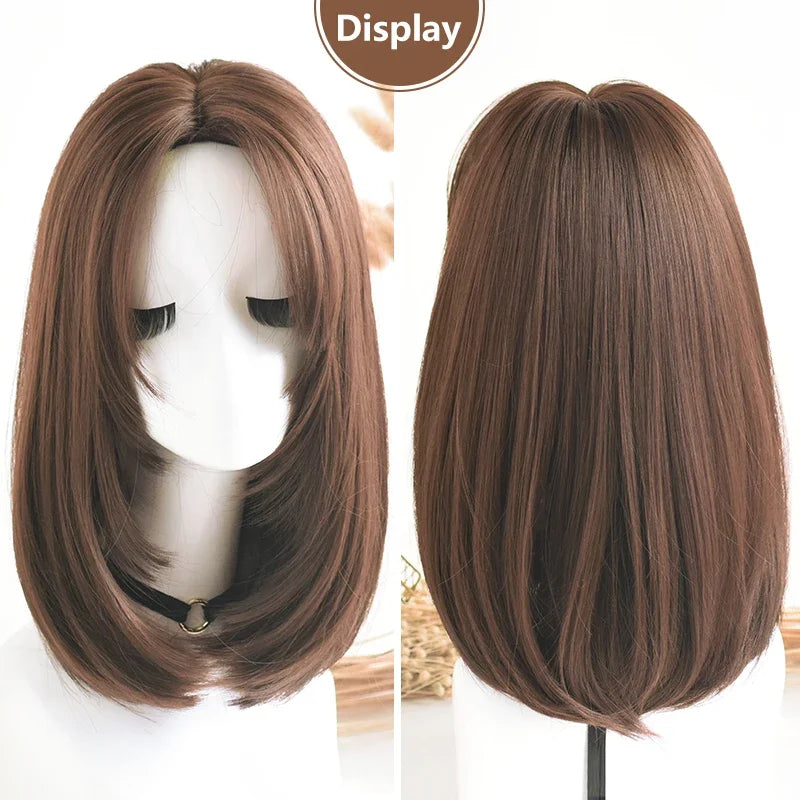 Wigs Short Straight Chocolate Bob Density Synthetic Layered Middle Part Dark Brown