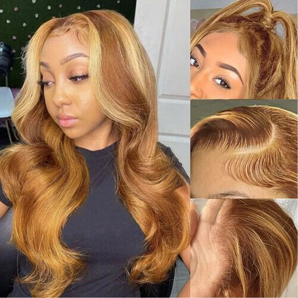 13x6 Highlight Ombre Honey Blonde Body Wave Lace Front Wigs Synthetic HD