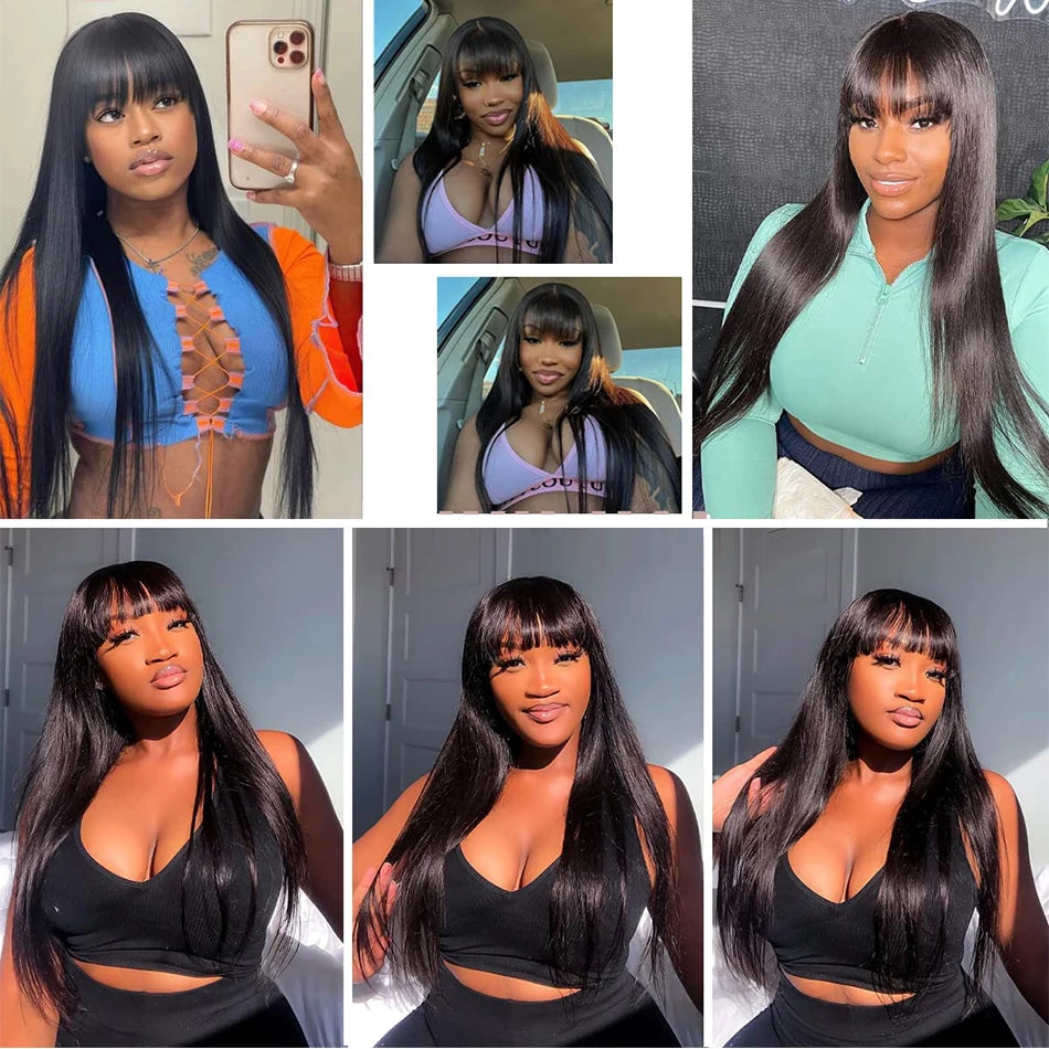 Straight Wigs Bangs Human Hair None Lace Front Brazilian Virgin Glueless Machine