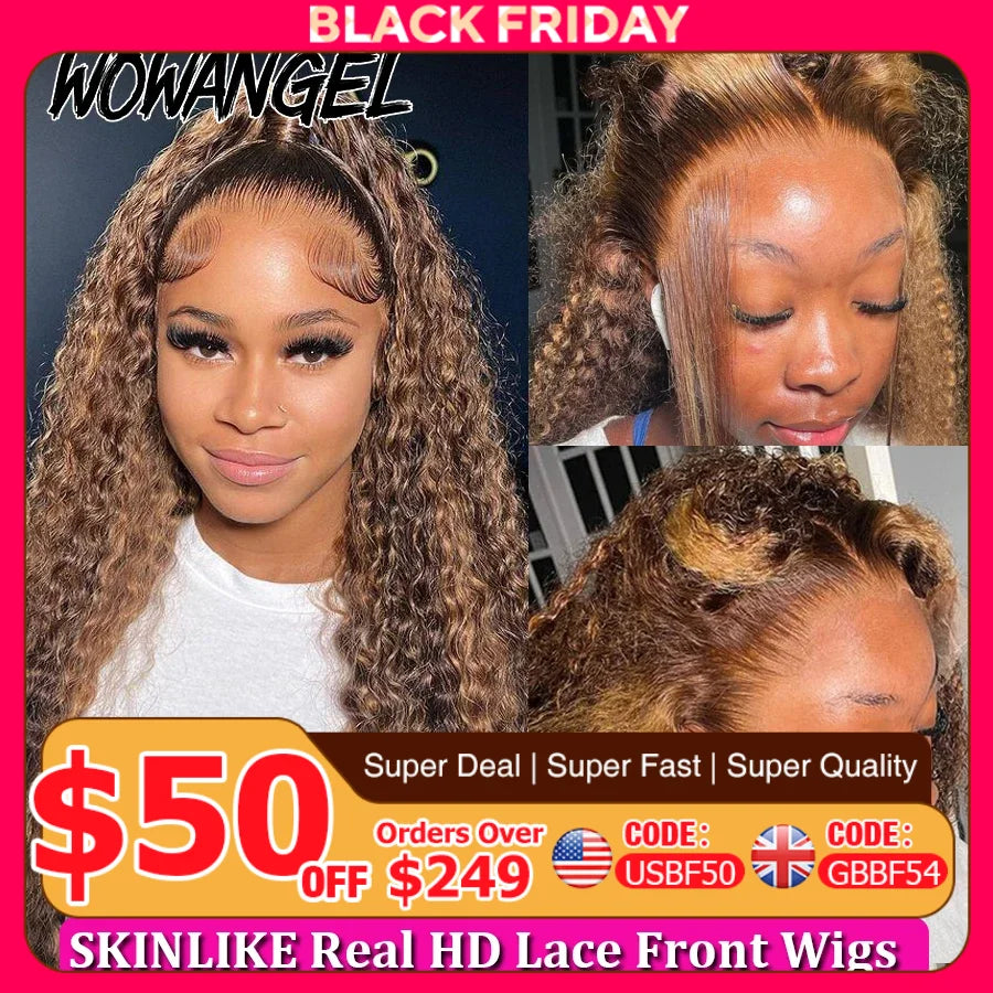 Highlight Curly Human Hair 13x6 HD Lace Front Wig, Water Wave, Bye Bye Knots