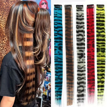 Stripe Printed Clip in Hair Extensions Colorful Synthetic Highlights Straight Wig Hairpieces