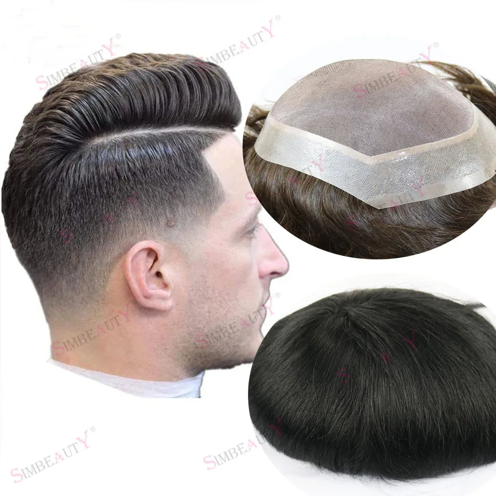 Durable Wig Human Hair Toupee Mono Lace Top Skin PU Base Hairpieces