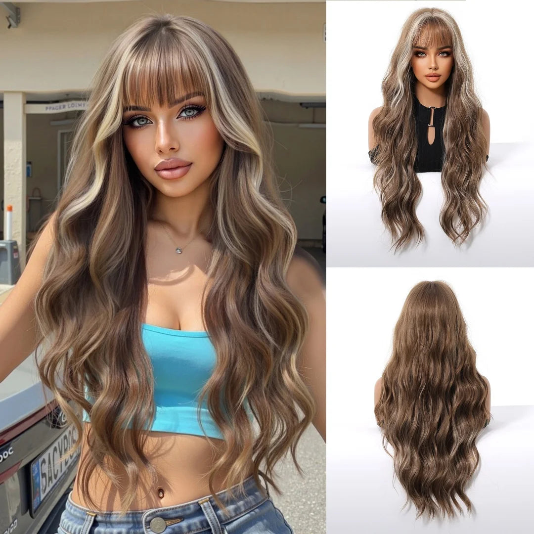 Long Copper Brown Synthetic Curly Wig Auburn Bangs Layered Straight Hair Natural