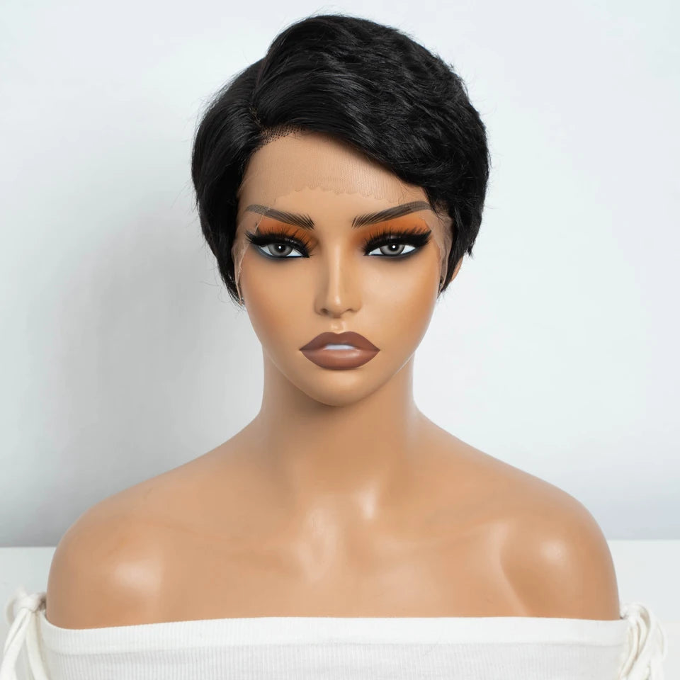 Black Short Pixie Cut, 13x1 C Part Lace Front 100% Human Hair