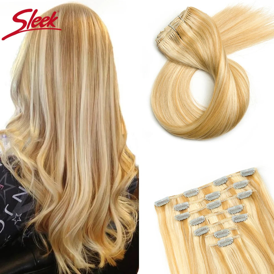 Sleek Straight Clip in Hair Extensions Human Hair Natural Blonde 613 Color 7pcs/Pack Clip in Extensions Salon-Grade Quality