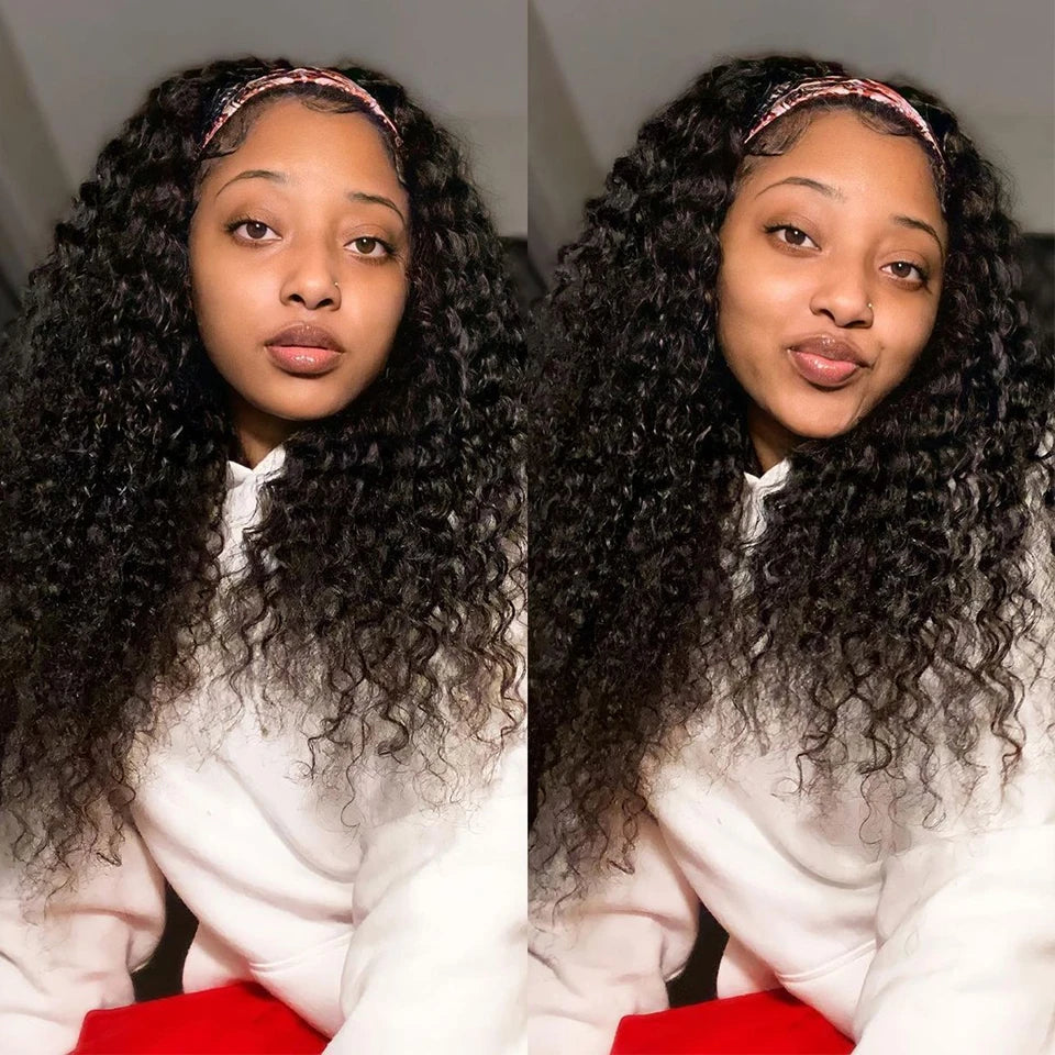 Deep Wave Headband Wigs Human Hair Pull Go Glueless Half Full Machine