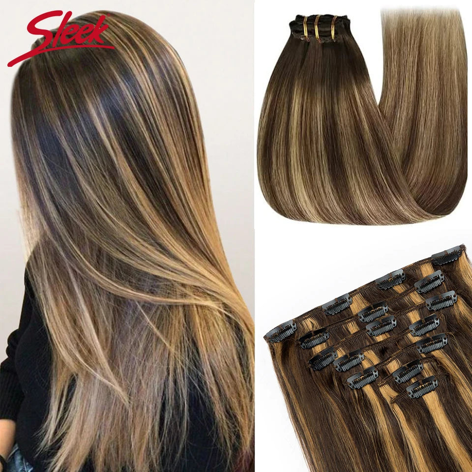 Sleek Straight Clip in Hair Extensions Human Hair Natural Blonde 613 Color 7pcs/Pack Clip in Extensions Salon-Grade Quality