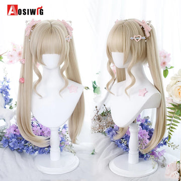 Blonde Twin Ponytail Princess Cut Natural Short Hair Synthetic Wigs Bangs Heat