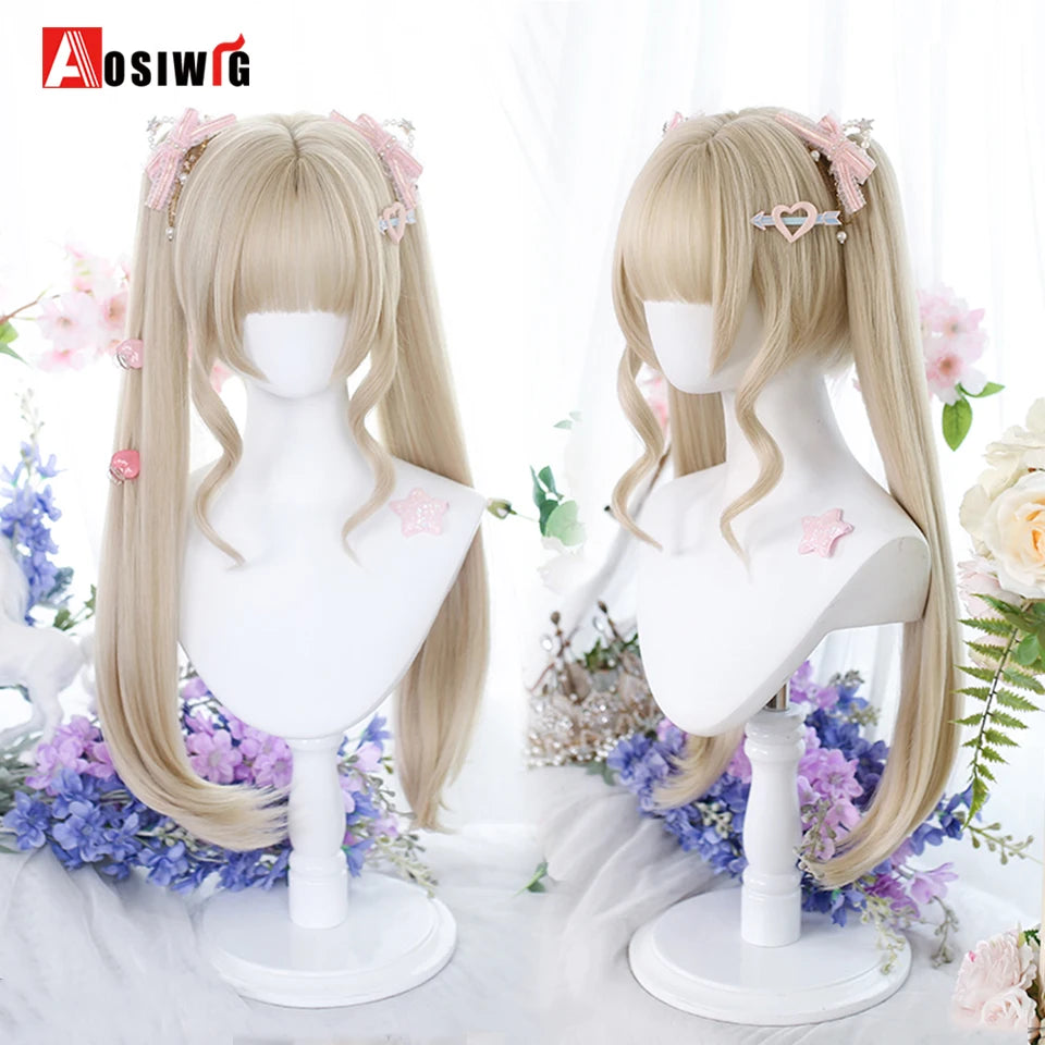 Blonde Twin Ponytail Princess Cut Natural Short Hair Synthetic Wigs Bangs Heat