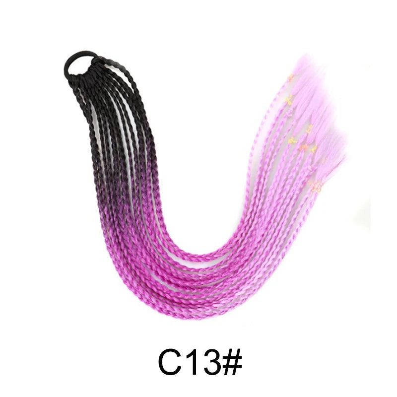 Synthetic Multi-Strand Rainbow Long Straight Braid Hair Extensions, Elastic Rubber Band Ponytail