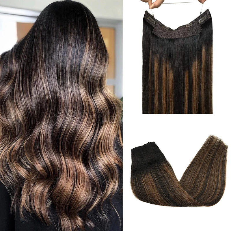 Wire in Hair Extensions Real Human Balayage Dark Brown To Chestnut Invisible