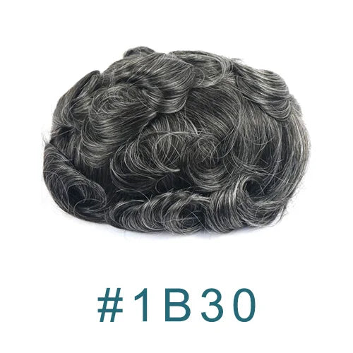 28mm Curly Men's 1B80 Gray Brown Black Human Hair Durable Bond Mono
