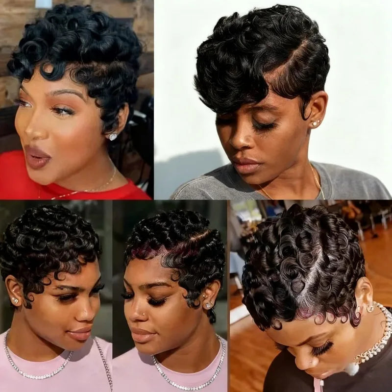 Curly Pixie Cut 13x4 Lace Front Wig, Human Hair, Short Layered Glueless Wig, Pre Plucked with Bangs, Natural Black