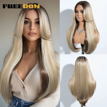 Straight Synthetic Lace Front Wigs Long Bangs Ombre Brown Blonde Highlight Cosplay
