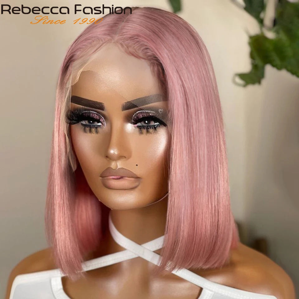 Short Cut Colored Pink Bob T Part Lace Wigs Human Hair 180D