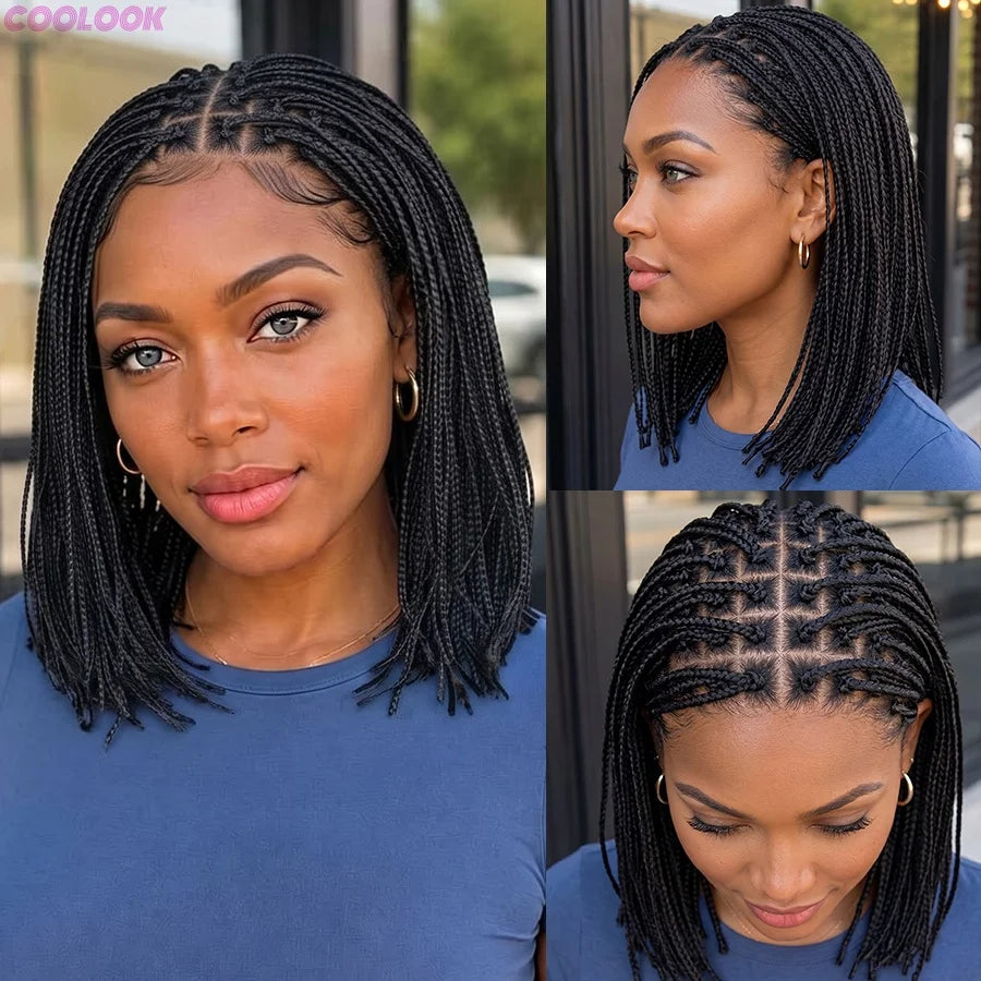 Short Bob Micro Twist Braided Synthetic Lace Front Wig, Knotless