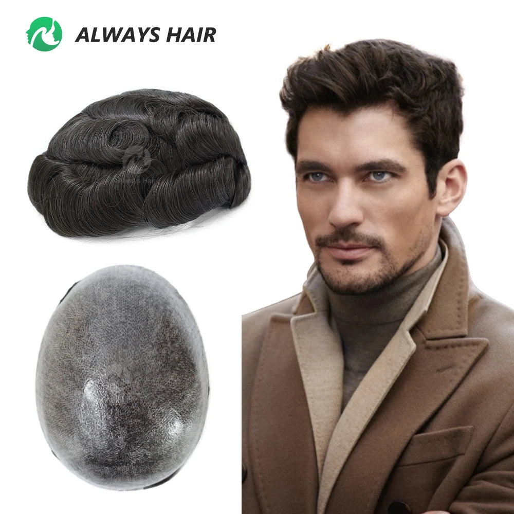 Men's Skin Base Toupee, Capillary Prosthesis, 130% Density, 0.12-0.14mm