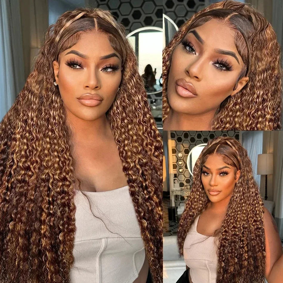 4/27 Highlight Curly Brazilian Hair Weaves Bundles Frontal, 13x4 Lace Closure Deep