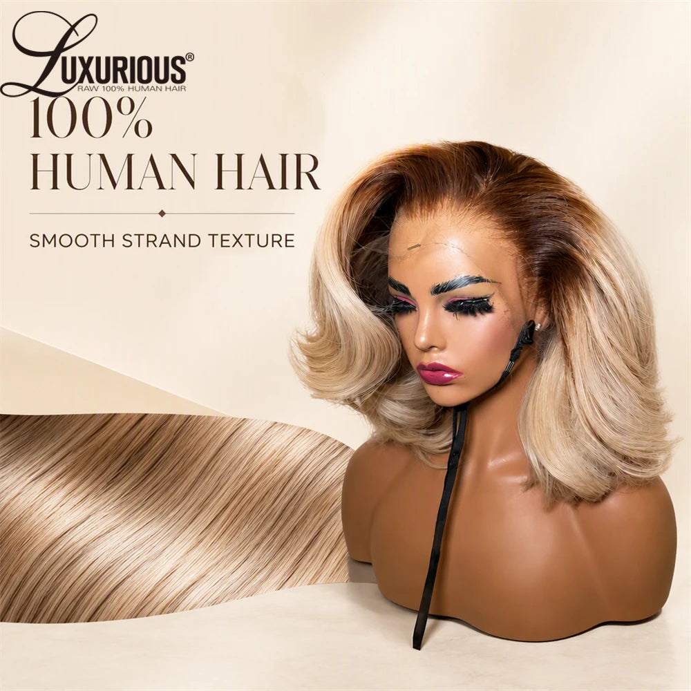 Ombre Honey Blonde Short Bob Human Hair Lace Wig, 13x6 and 13x4