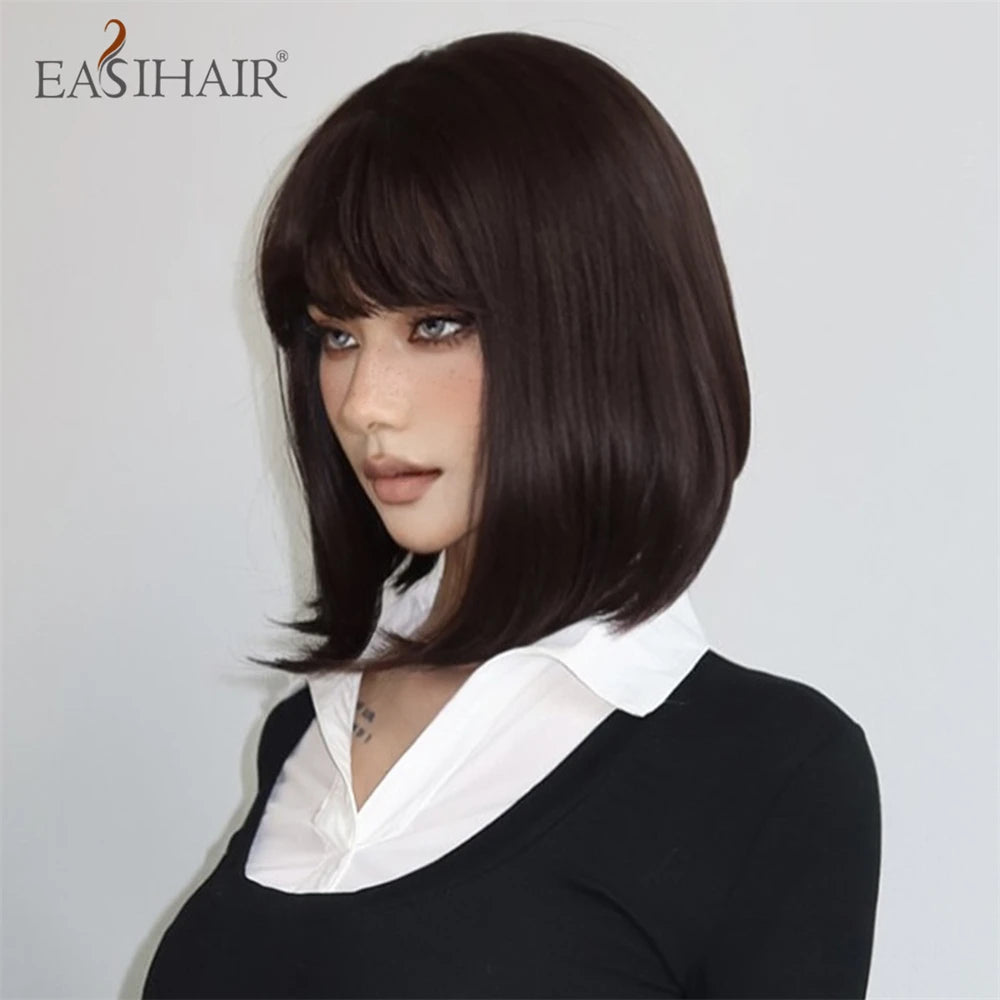 Short Straight Synthetic Wigs Bangs Dark Brown Black Bob Daily Cosplay Party