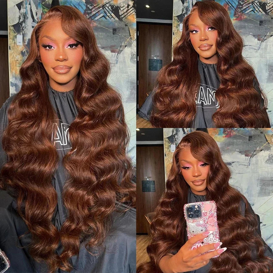 Chocolate Brown Body Wave Lace Front Wig Transparent, 13x6 HD Frontal Preplucked