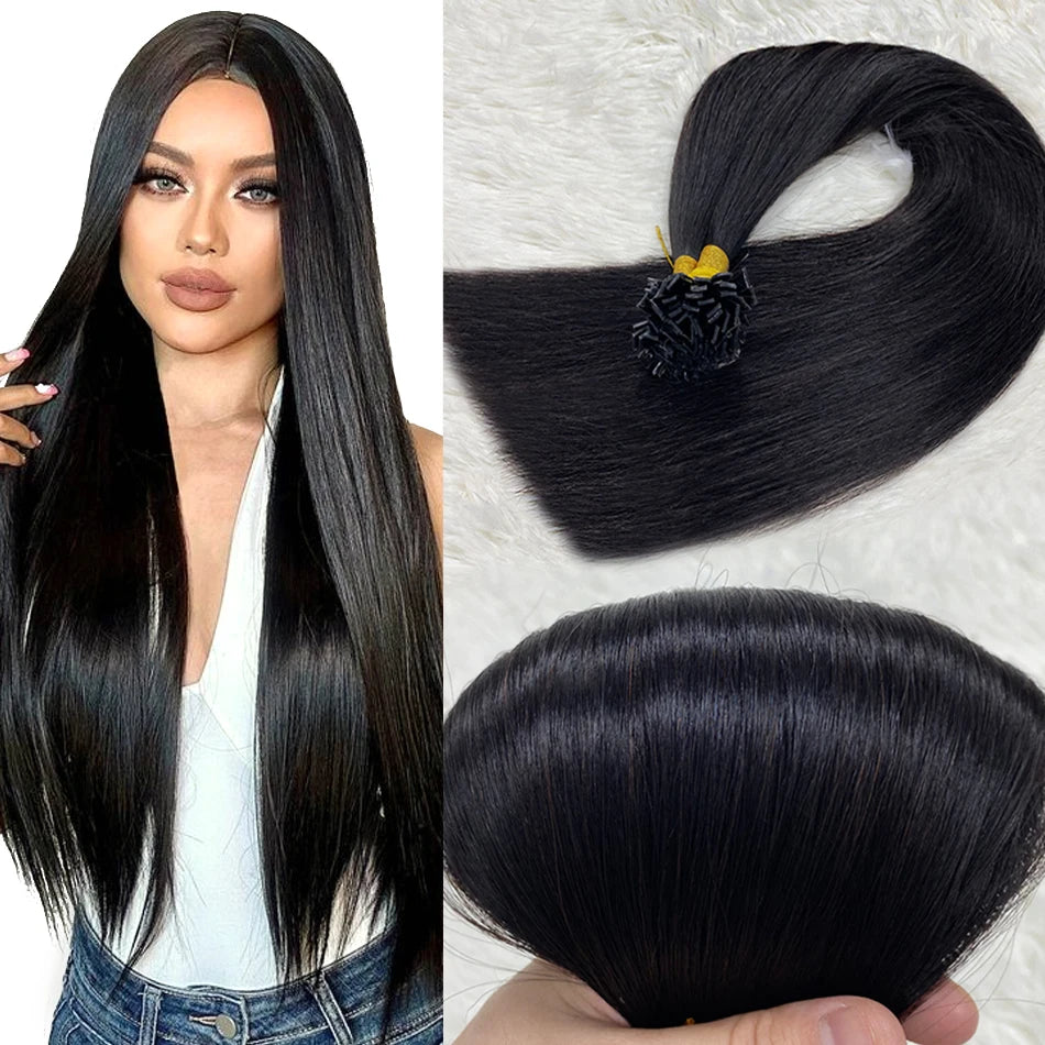 Human Hair Flat Tip Extension Remy Hair18-30inch Real Silky Straight Black Brown