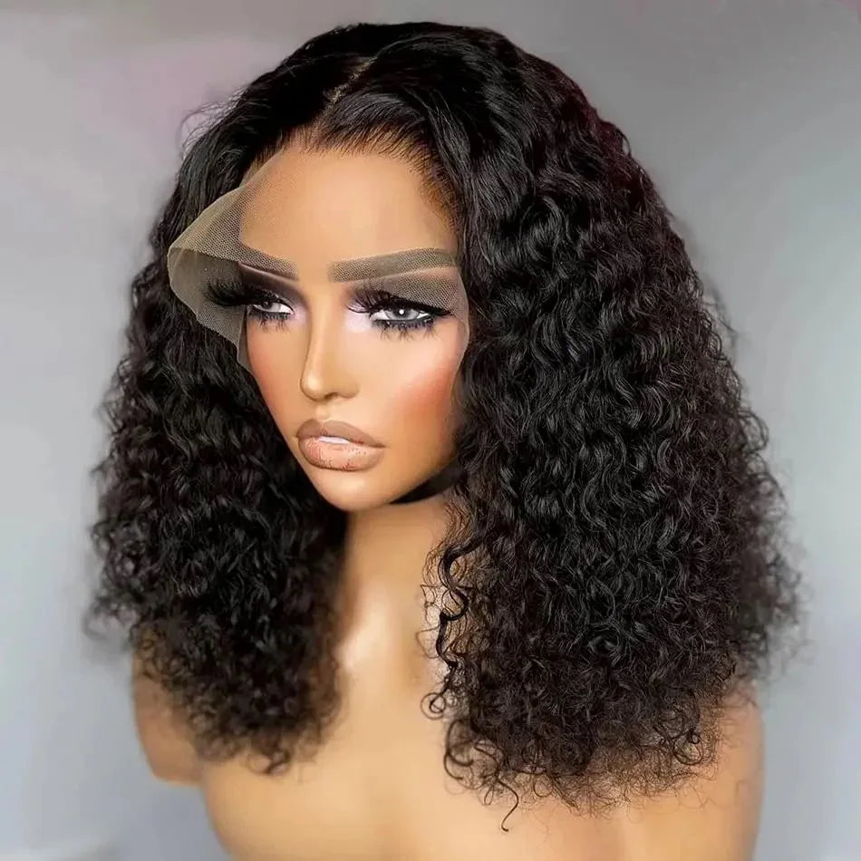 Kinky Curly Short Bob Cut Blunt, 13x4 Lace Frontal Wigs Synthetic Prepluck